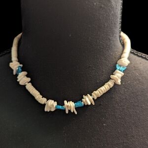 Heishi Bead Necklace White With Blue Butterflies